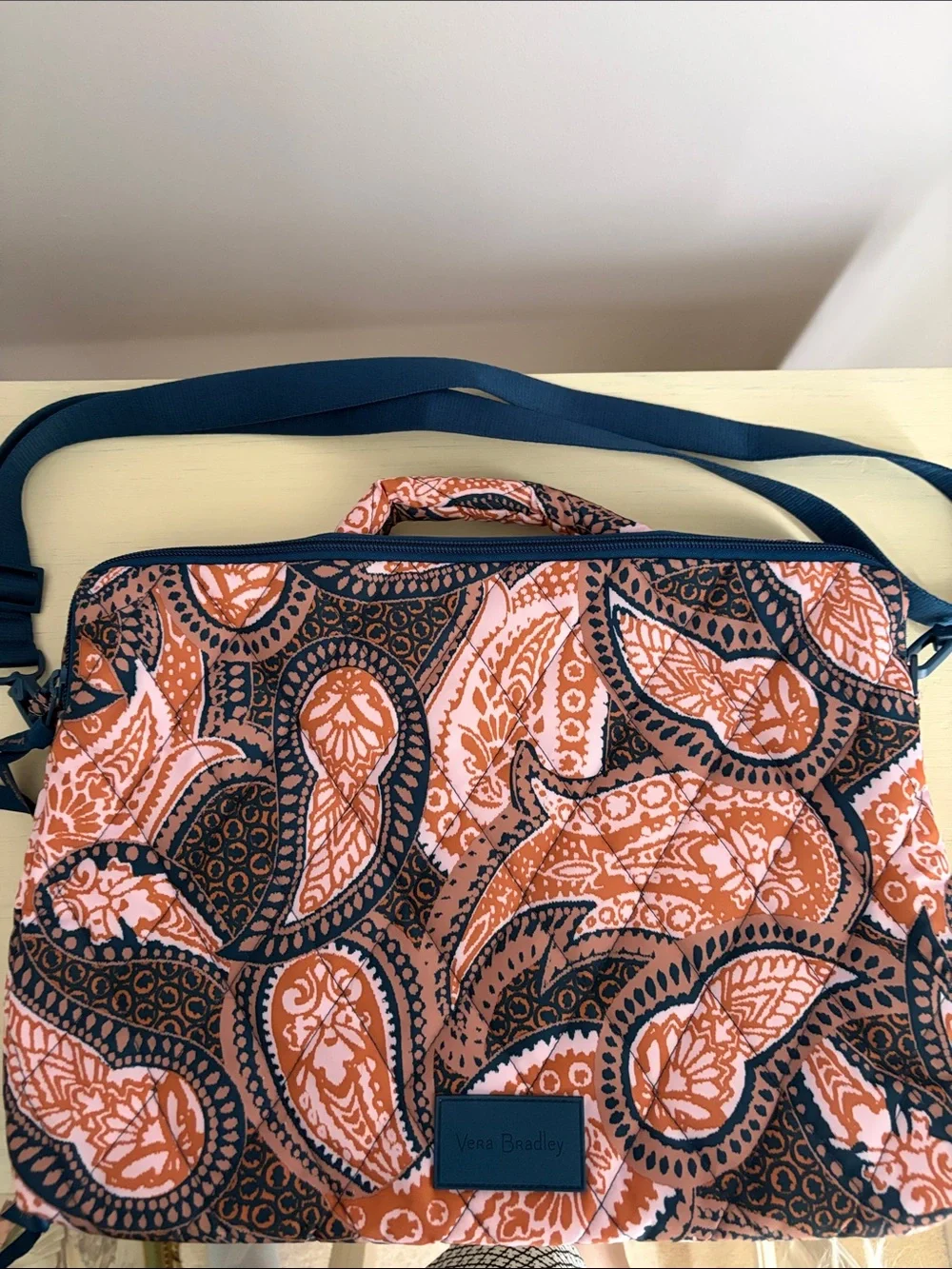 Vera Bradley Rust, Pink and Navy Paisley Quilted Laptop Bag with Work Station